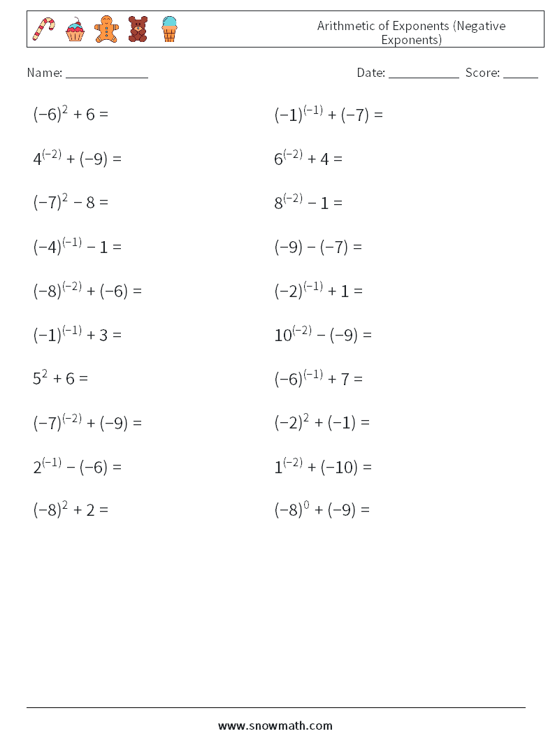  Arithmetic of Exponents (Negative Exponents) Math Worksheets 9