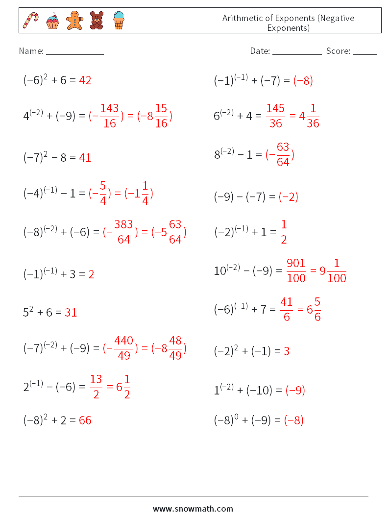  Arithmetic of Exponents (Negative Exponents) Math Worksheets 9 Question, Answer