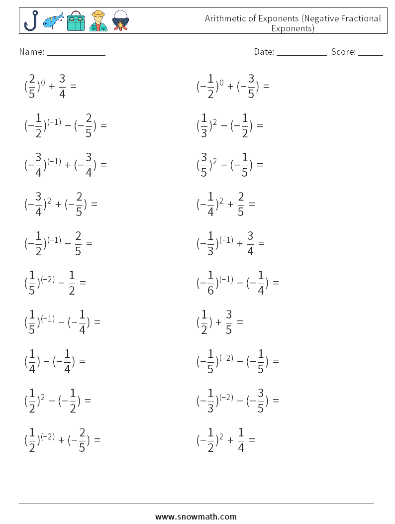  Arithmetic of Exponents (Negative Fractional Exponents) Math Worksheets 1