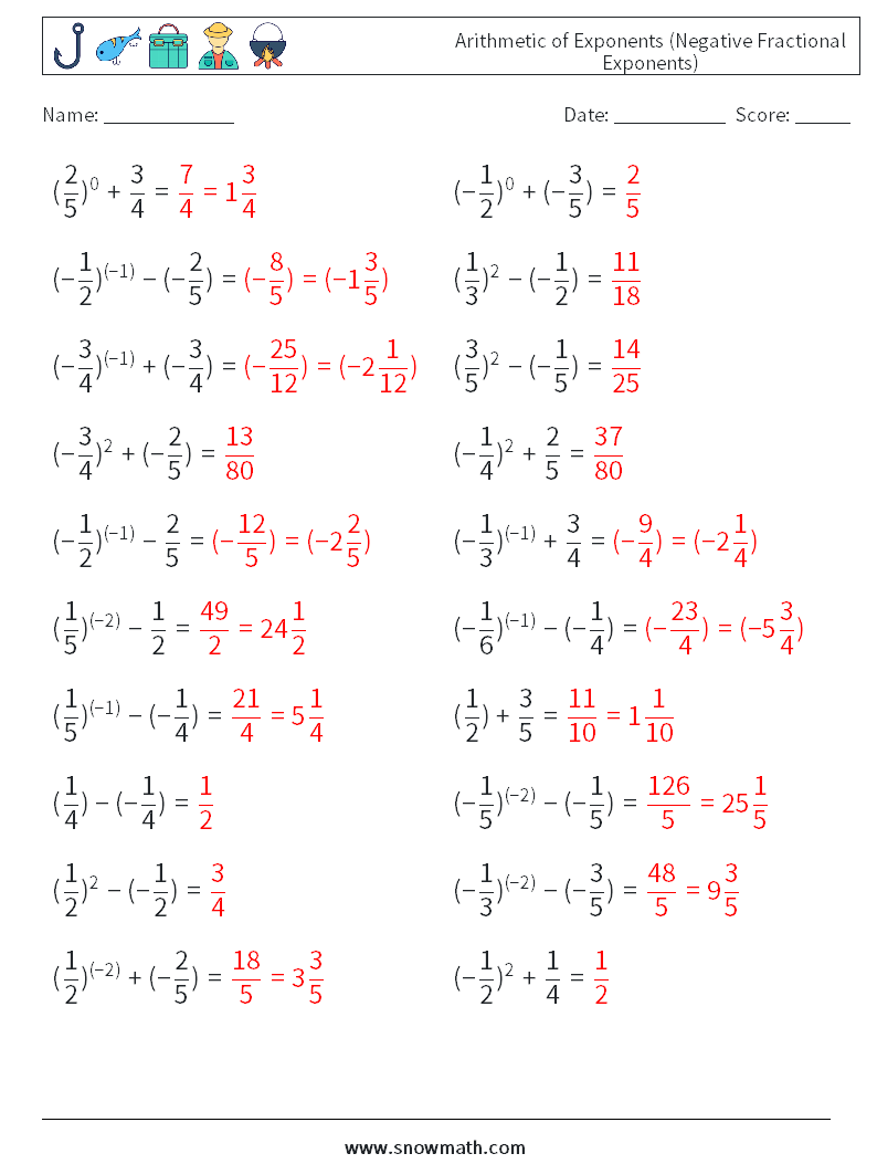  Arithmetic of Exponents (Negative Fractional Exponents) Math Worksheets 1 Question, Answer