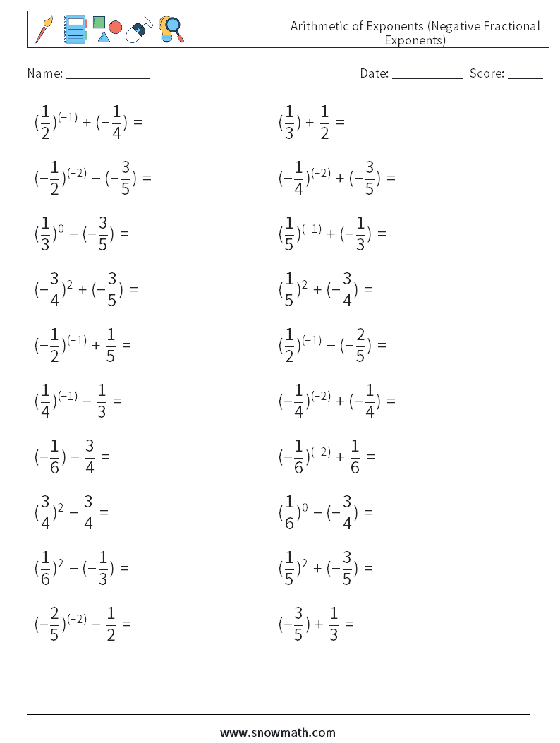  Arithmetic of Exponents (Negative Fractional Exponents) Math Worksheets 2