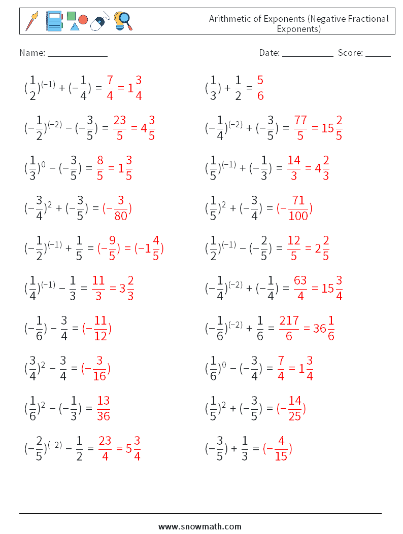  Arithmetic of Exponents (Negative Fractional Exponents) Math Worksheets 2 Question, Answer