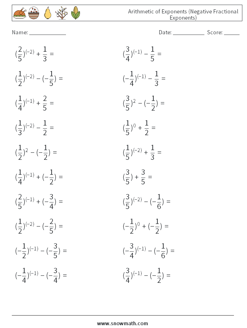  Arithmetic of Exponents (Negative Fractional Exponents) Math Worksheets 3