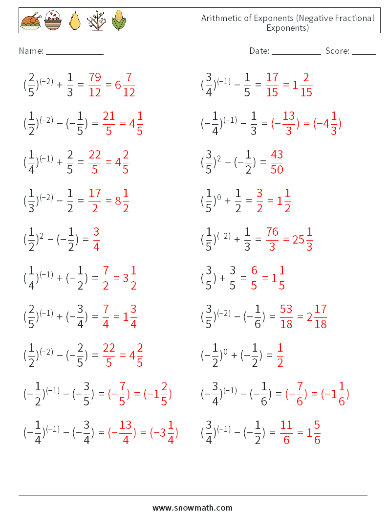  Arithmetic of Exponents (Negative Fractional Exponents) Math Worksheets 3 Question, Answer