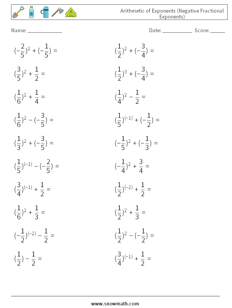  Arithmetic of Exponents (Negative Fractional Exponents) Math Worksheets 4