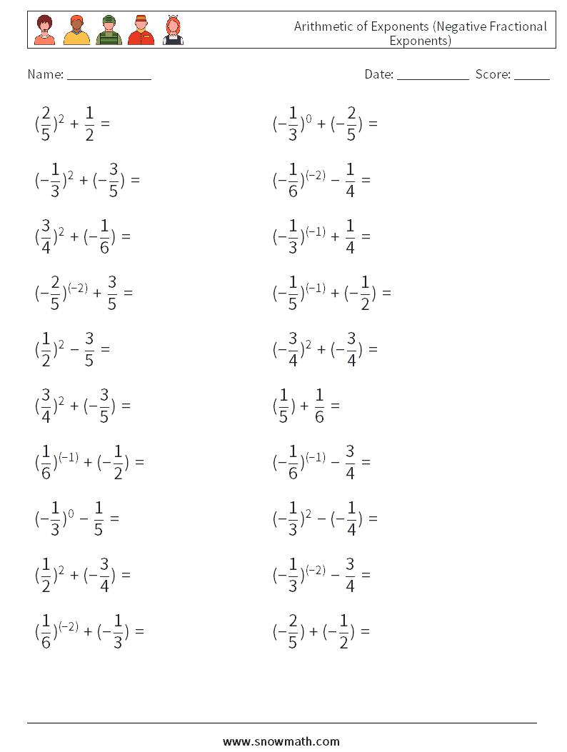  Arithmetic of Exponents (Negative Fractional Exponents) Math Worksheets 5