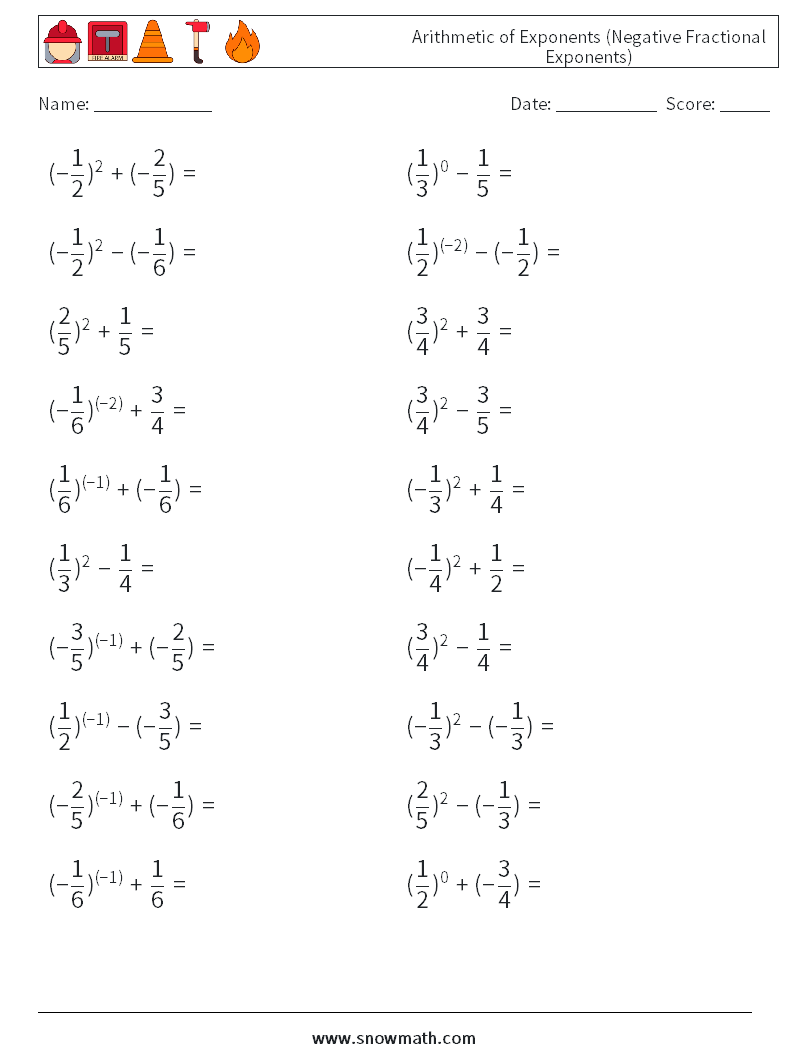  Arithmetic of Exponents (Negative Fractional Exponents) Math Worksheets 6