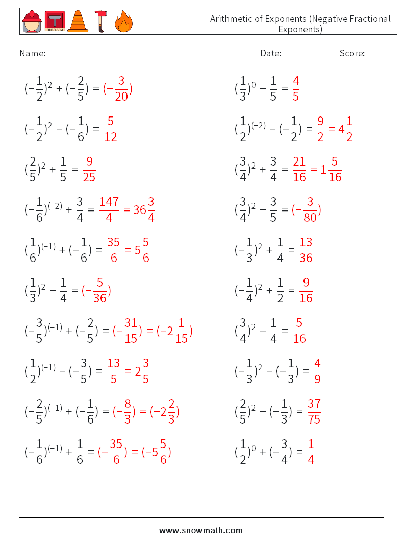  Arithmetic of Exponents (Negative Fractional Exponents) Math Worksheets 6 Question, Answer