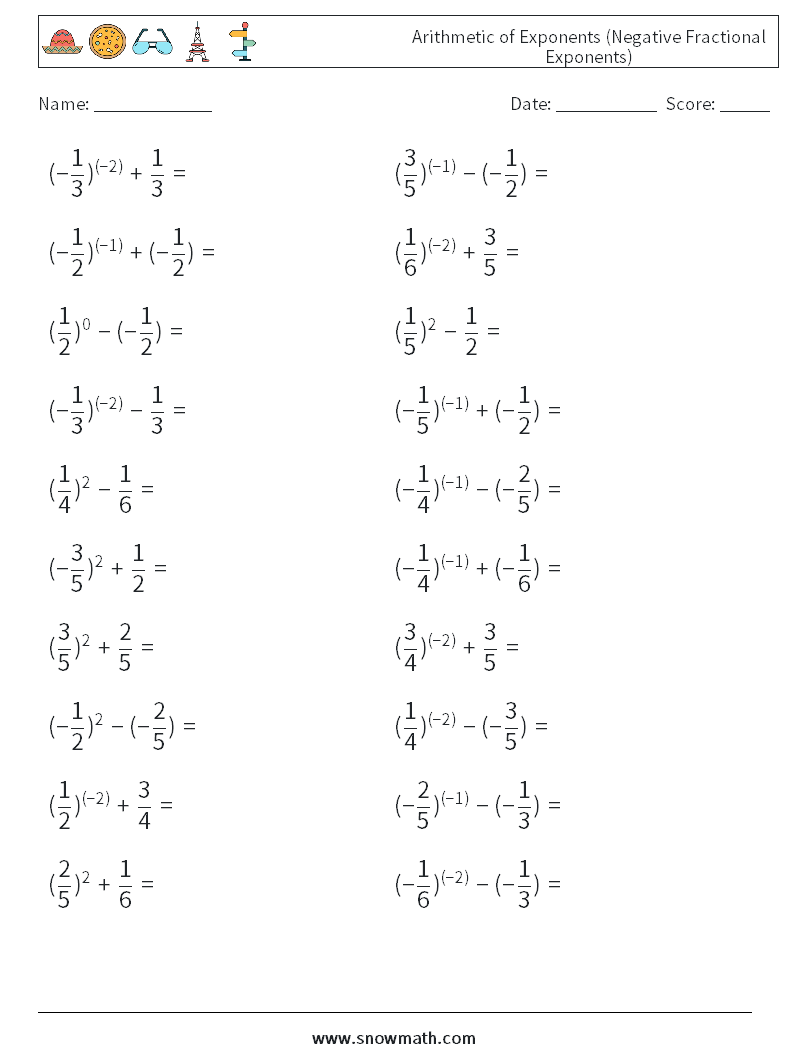  Arithmetic of Exponents (Negative Fractional Exponents) Math Worksheets 7