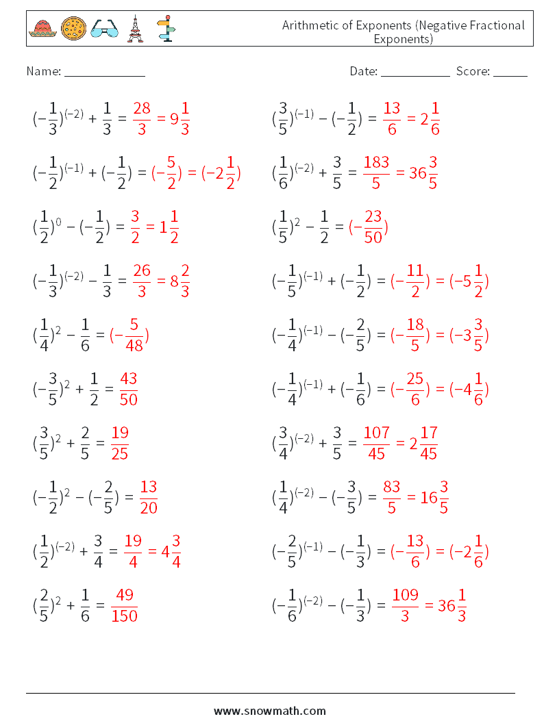  Arithmetic of Exponents (Negative Fractional Exponents) Math Worksheets 7 Question, Answer