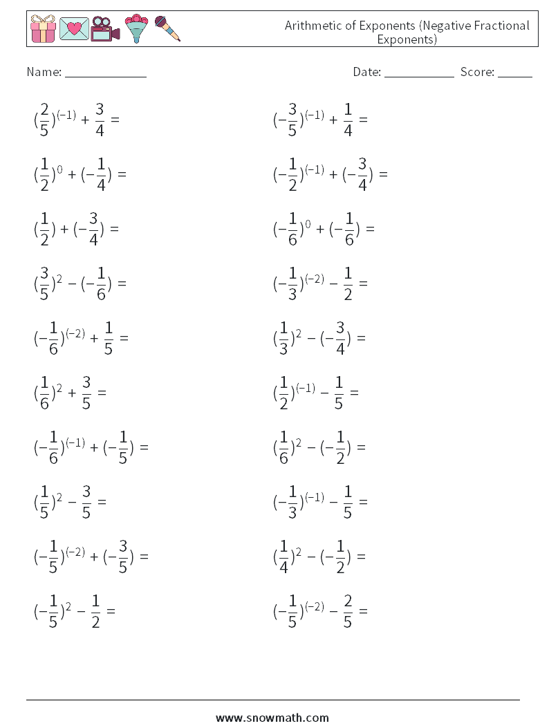  Arithmetic of Exponents (Negative Fractional Exponents) Math Worksheets 8