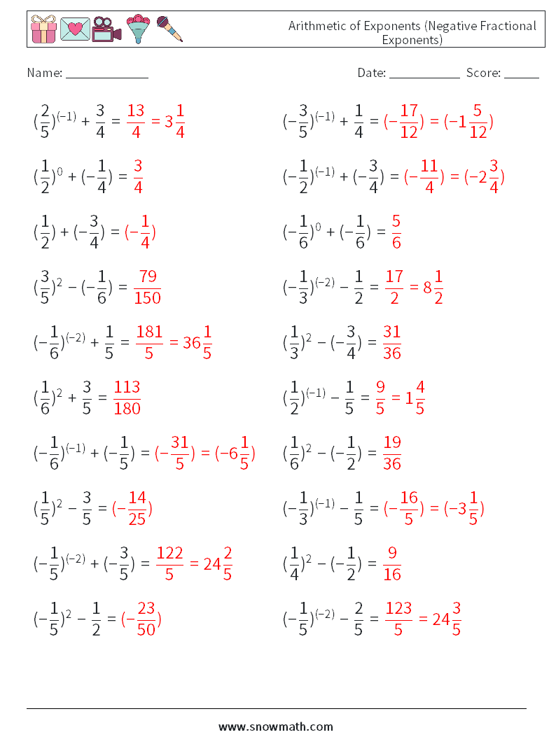  Arithmetic of Exponents (Negative Fractional Exponents) Math Worksheets 8 Question, Answer