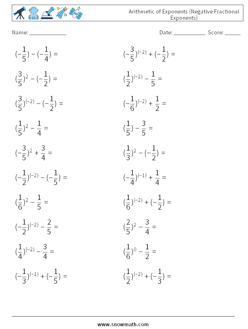  Arithmetic of Exponents (Negative Fractional Exponents) Math Worksheets 9