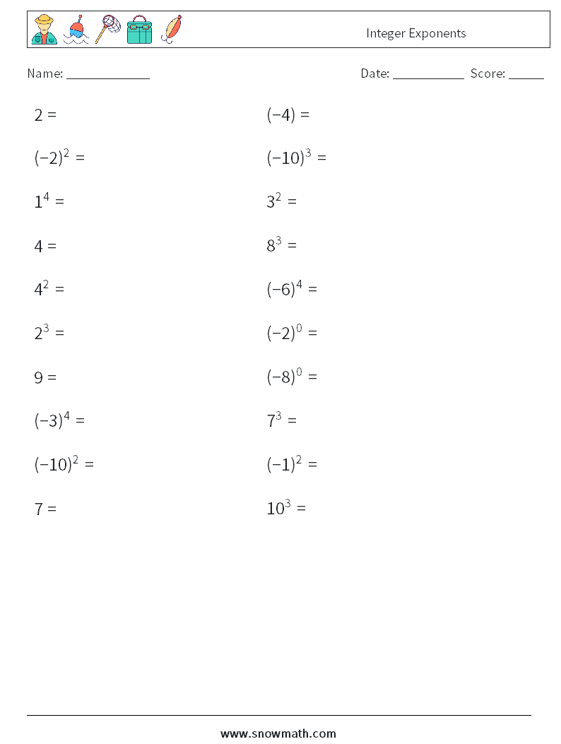 Integer Exponents Math Worksheets 1