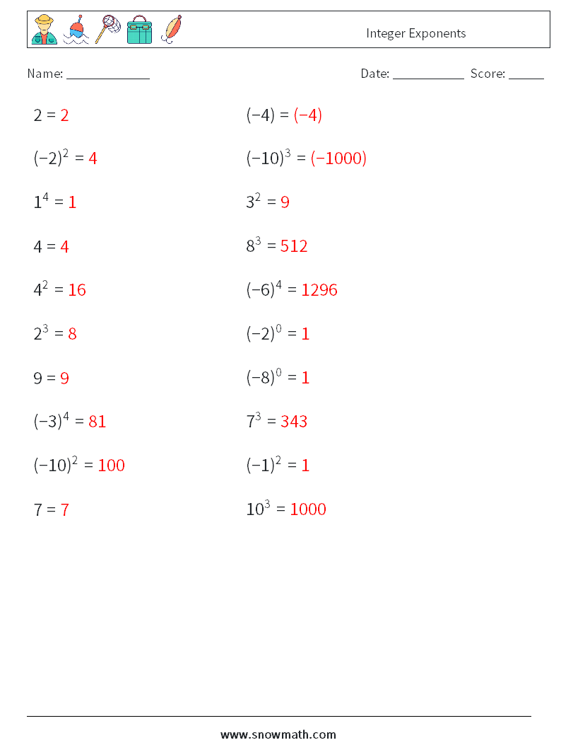 Integer Exponents Math Worksheets 1 Question, Answer
