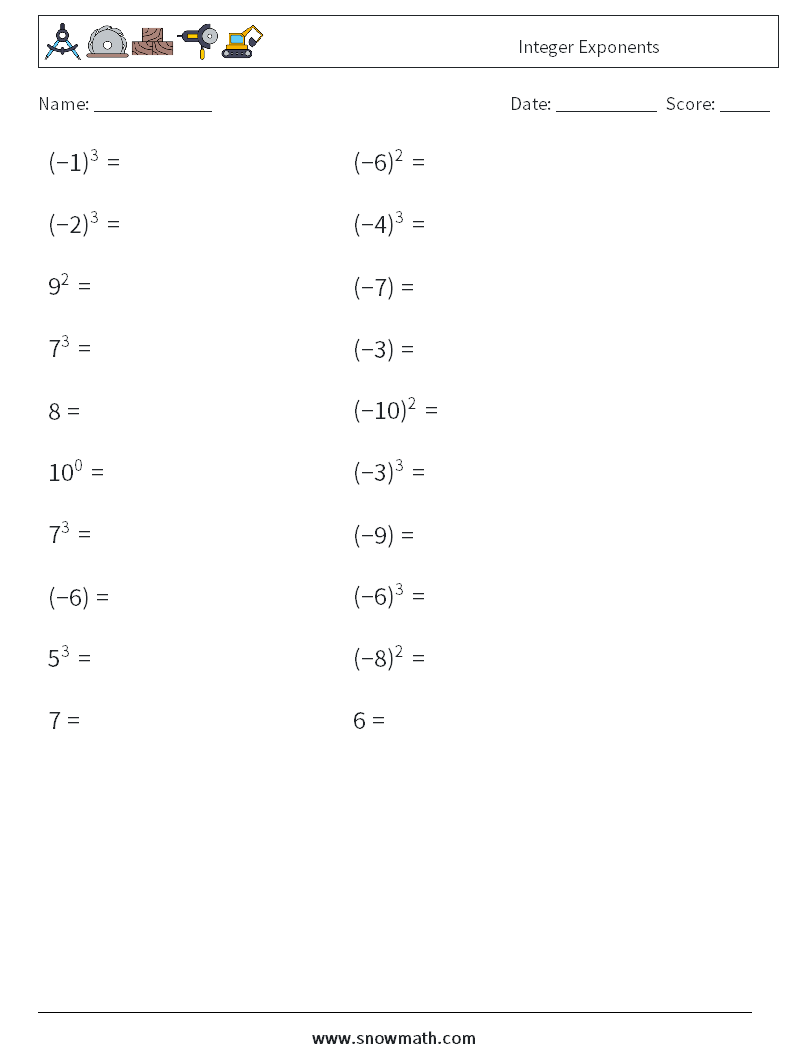 Integer Exponents Math Worksheets 3