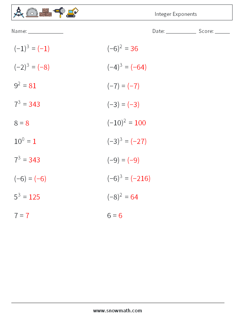 Integer Exponents Math Worksheets 3 Question, Answer