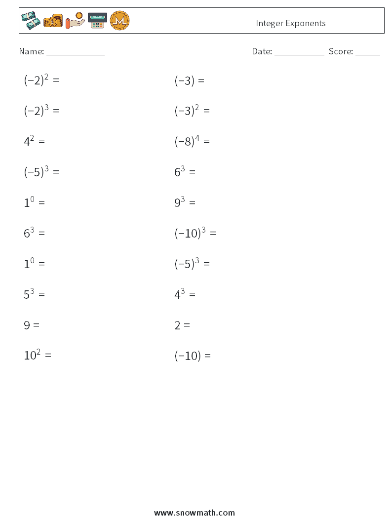 Integer Exponents Math Worksheets 5