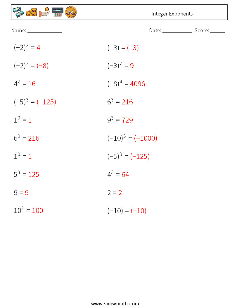 Integer Exponents Math Worksheets 5 Question, Answer