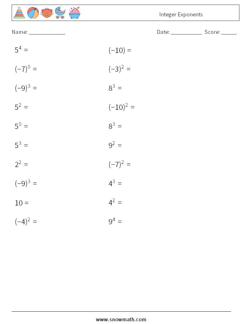 Integer Exponents Math Worksheets 6