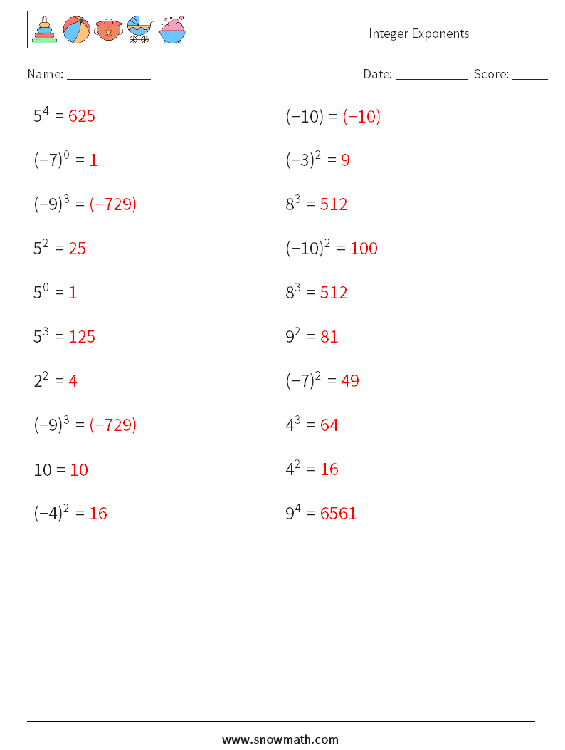 Integer Exponents Math Worksheets 6 Question, Answer
