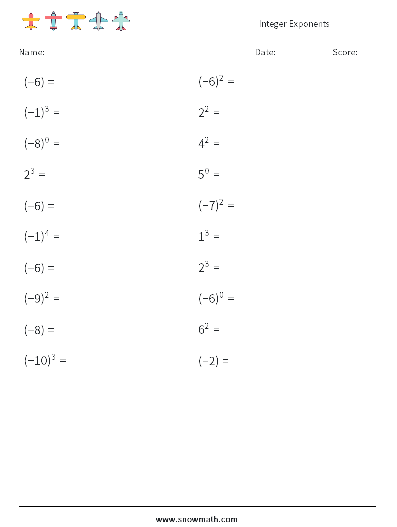 Integer Exponents Math Worksheets 7