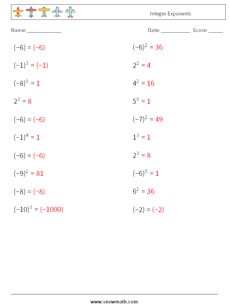 Integer Exponents Math Worksheets 7 Question, Answer