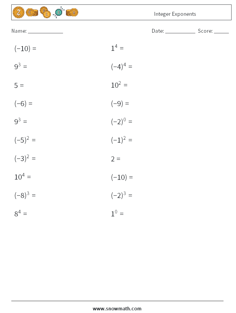 Integer Exponents Math Worksheets 8