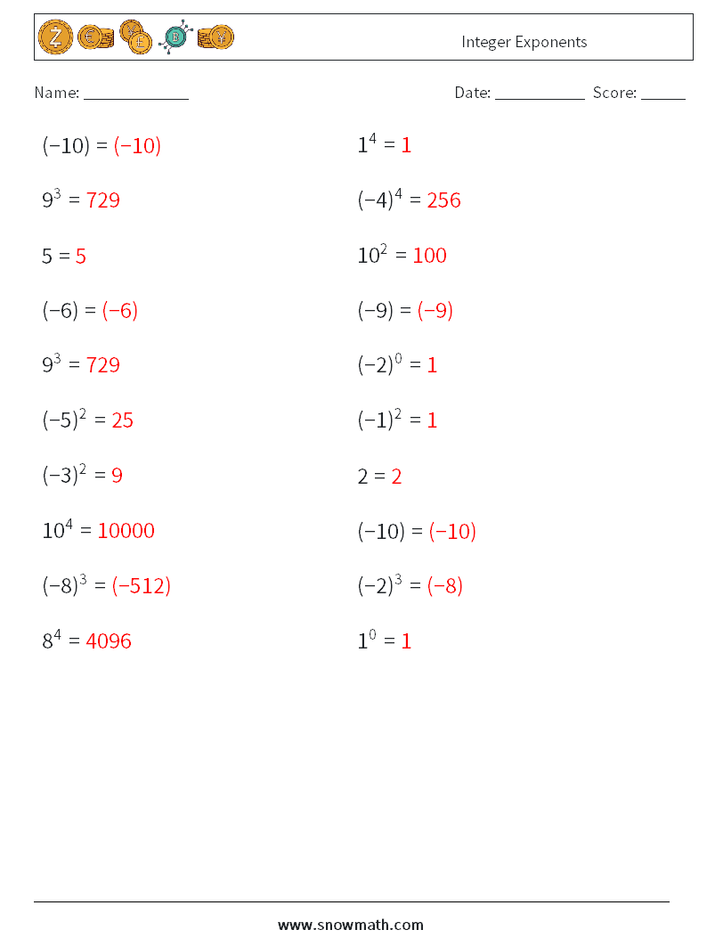 Integer Exponents Math Worksheets 8 Question, Answer