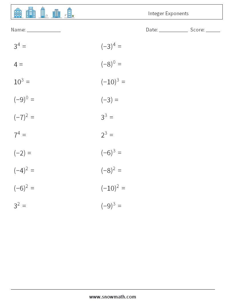 Integer Exponents Math Worksheets 9