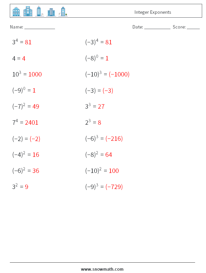 Integer Exponents Math Worksheets 9 Question, Answer