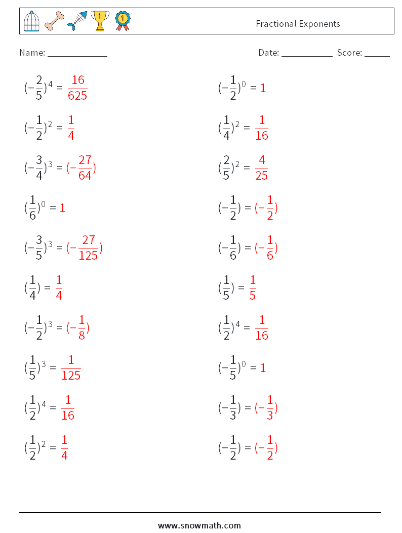 Fractional Exponents Math Worksheets 1 Question, Answer