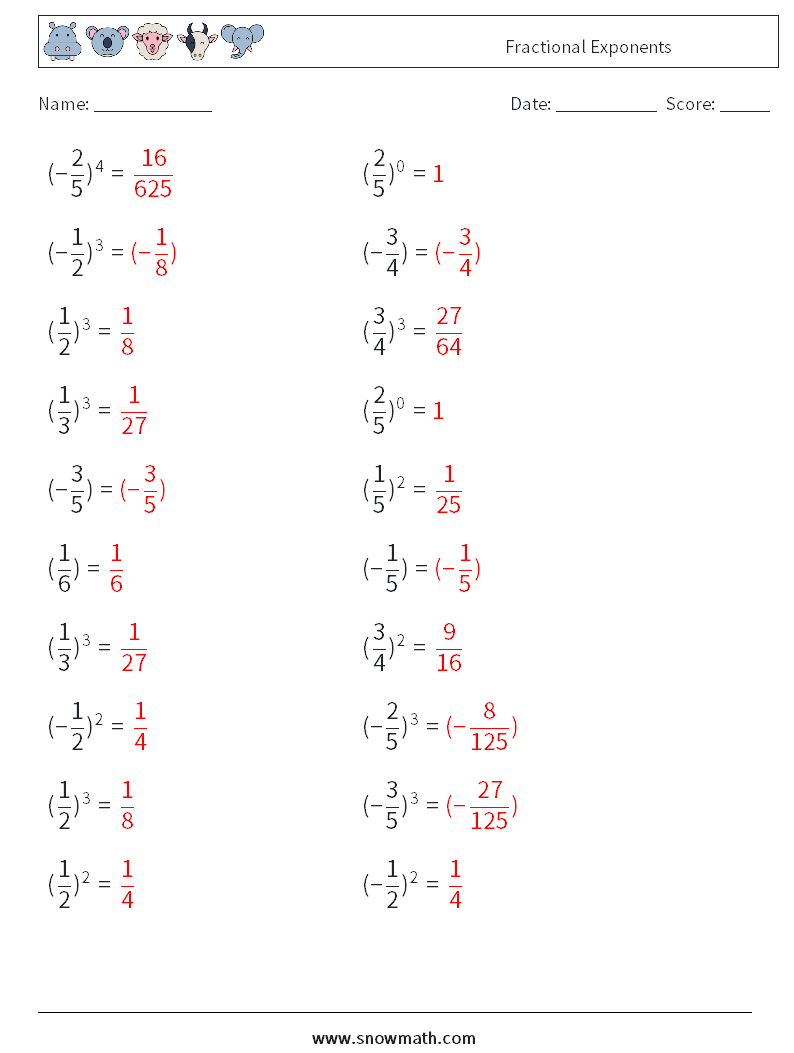 Fractional Exponents Math Worksheets 2 Question, Answer