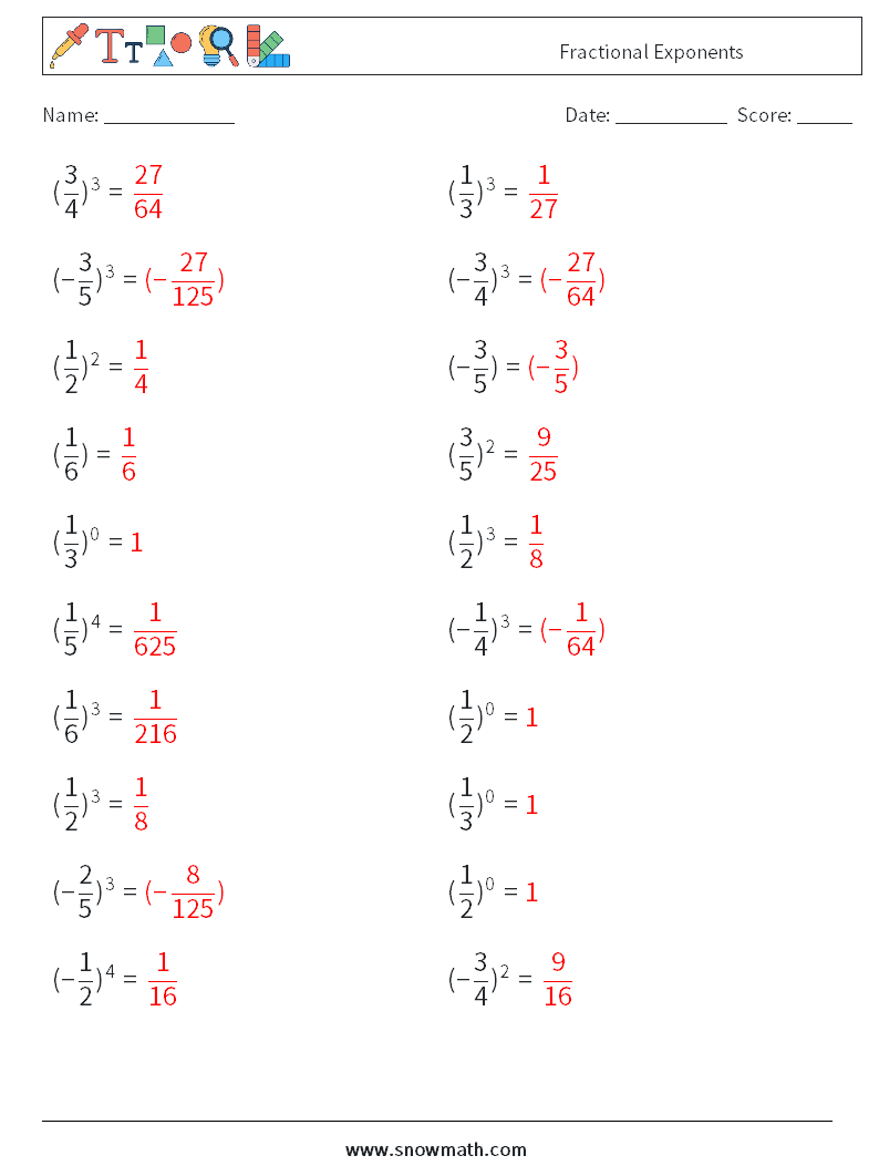 Fractional Exponents Math Worksheets 3 Question, Answer