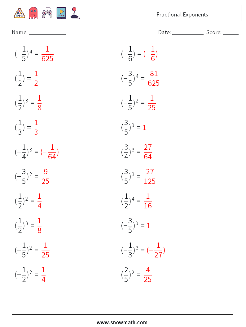 Fractional Exponents Math Worksheets 4 Question, Answer