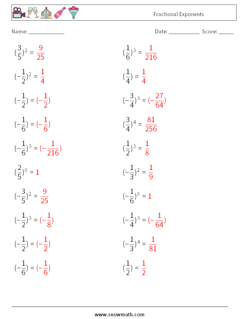 Fractional Exponents Math Worksheets 5 Question, Answer