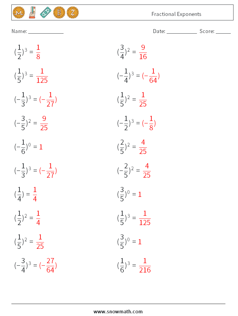 Fractional Exponents Math Worksheets 7 Question, Answer