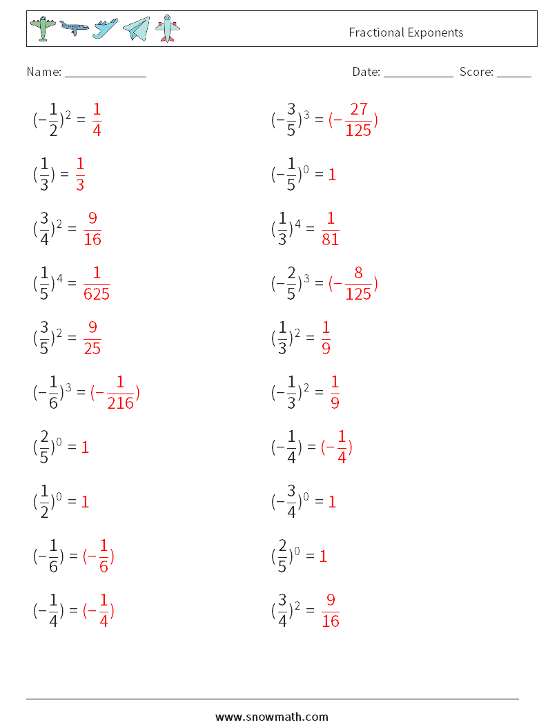 Fractional Exponents Math Worksheets 8 Question, Answer