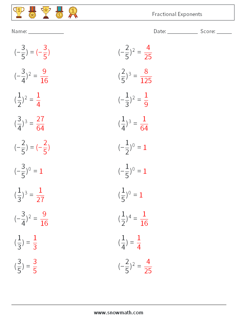 Fractional Exponents Math Worksheets 9 Question, Answer