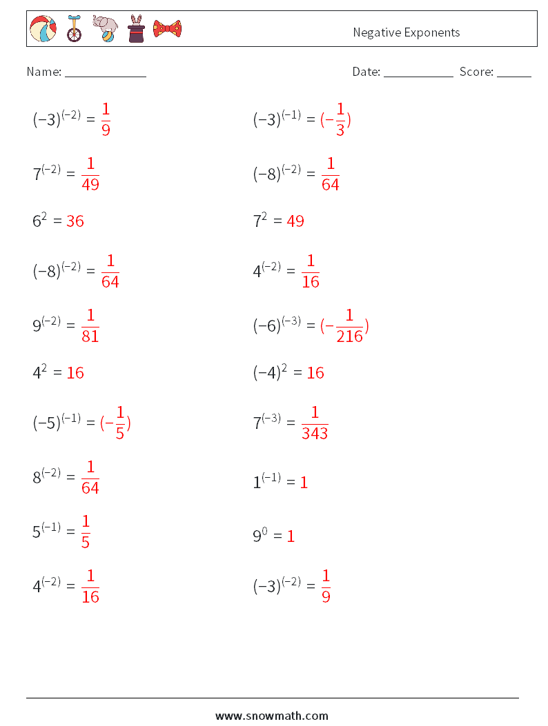  Negative Exponents Math Worksheets 7 Question, Answer