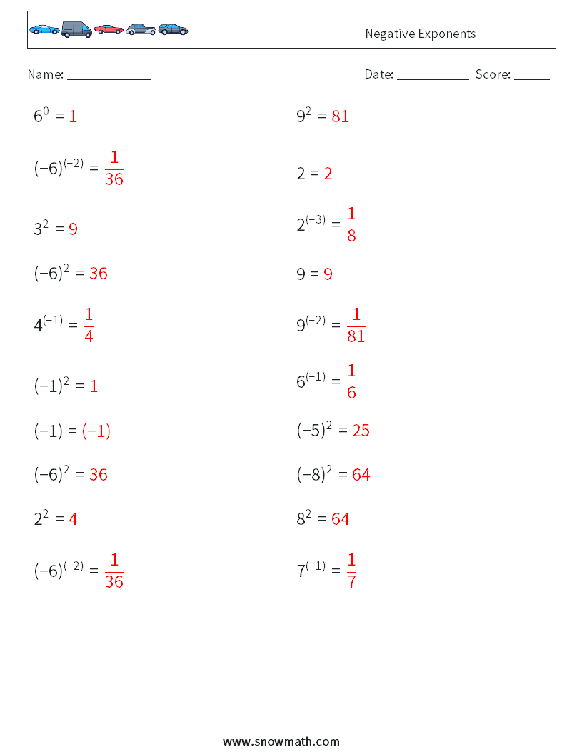  Negative Exponents Math Worksheets 8 Question, Answer