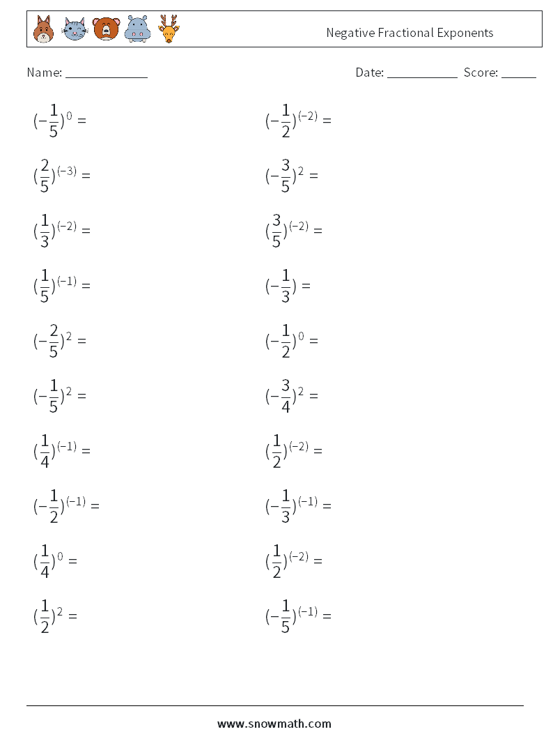 Negative Fractional Exponents Math Worksheets 2