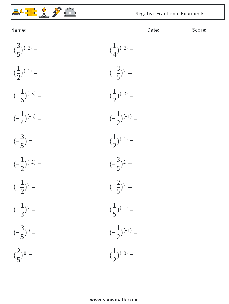 Negative Fractional Exponents Math Worksheets 3