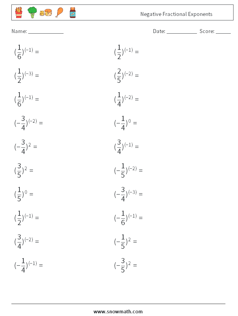 Negative Fractional Exponents Math Worksheets 8