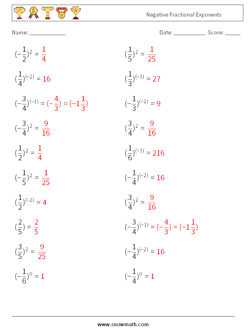 Negative Fractional Exponents Math Worksheets 9 Question, Answer