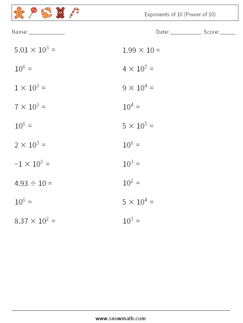 Exponents of 10 (Power of 10) Math Worksheets 8