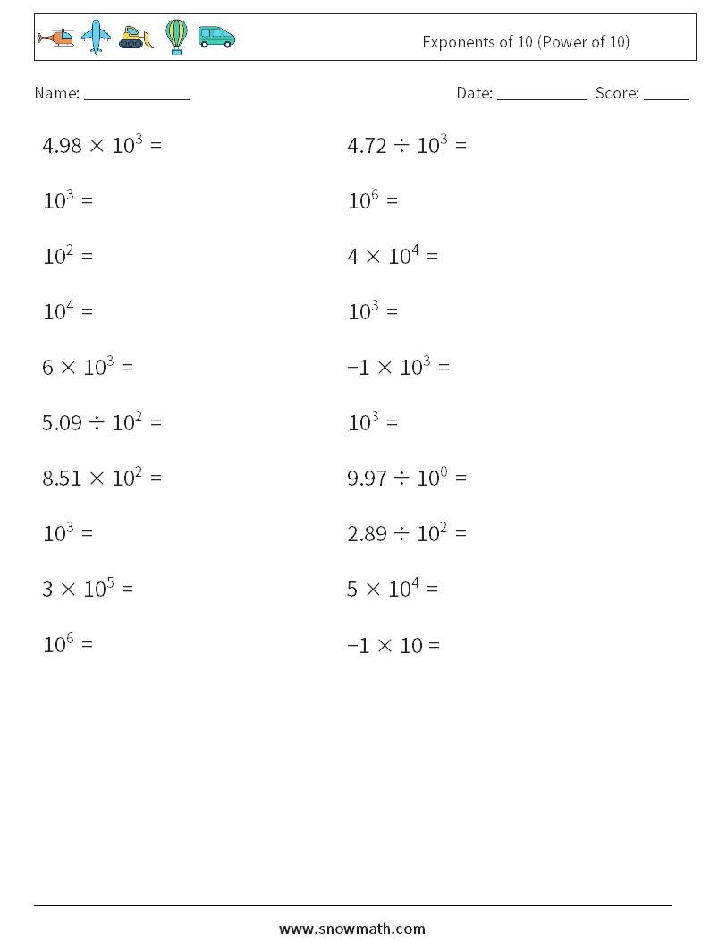 Exponents of 10 (Power of 10) Math Worksheets 9