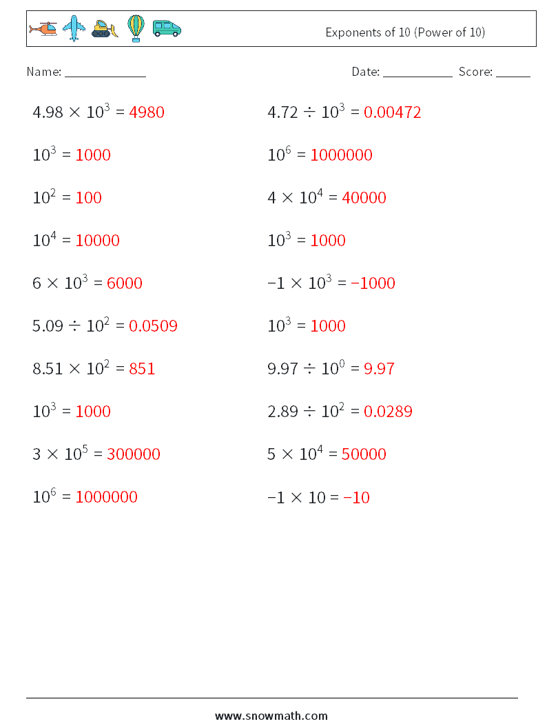 Exponents of 10 (Power of 10) Math Worksheets 9 Question, Answer