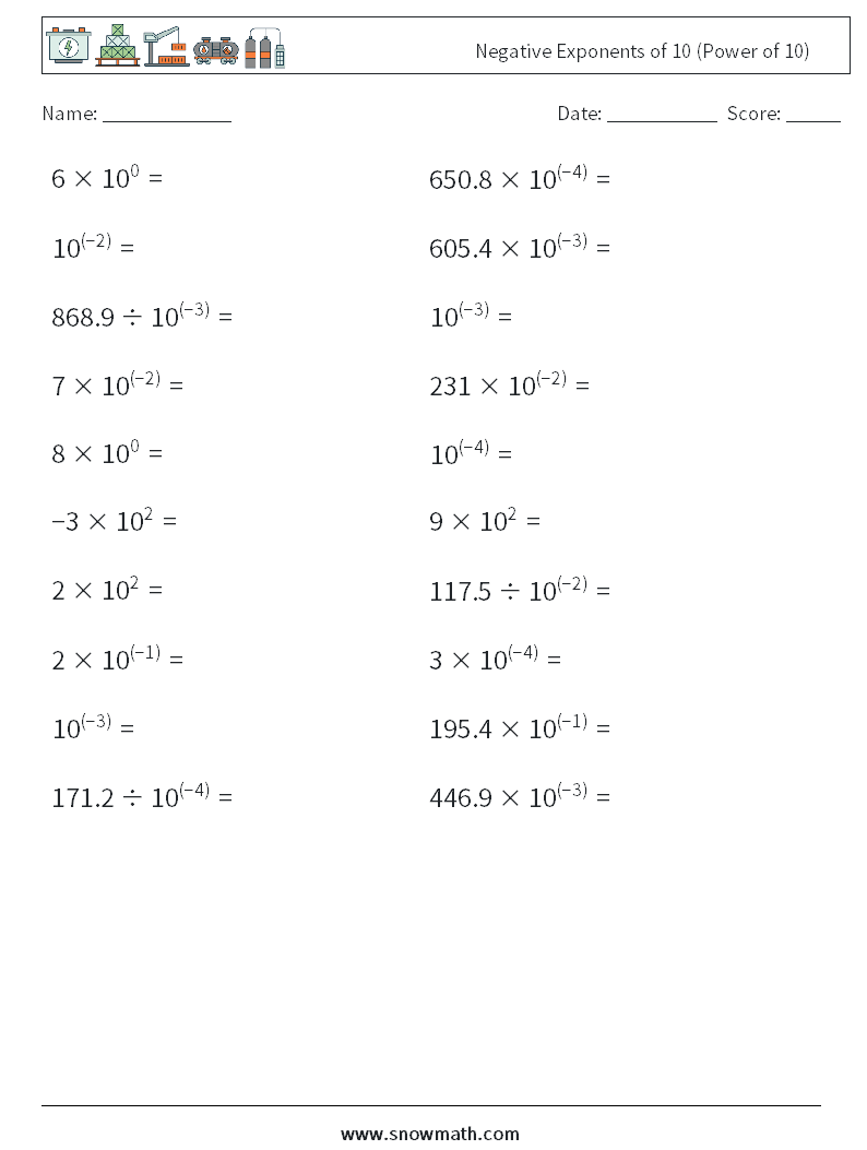Negative Exponents of 10 (Power of 10) Math Worksheets 1