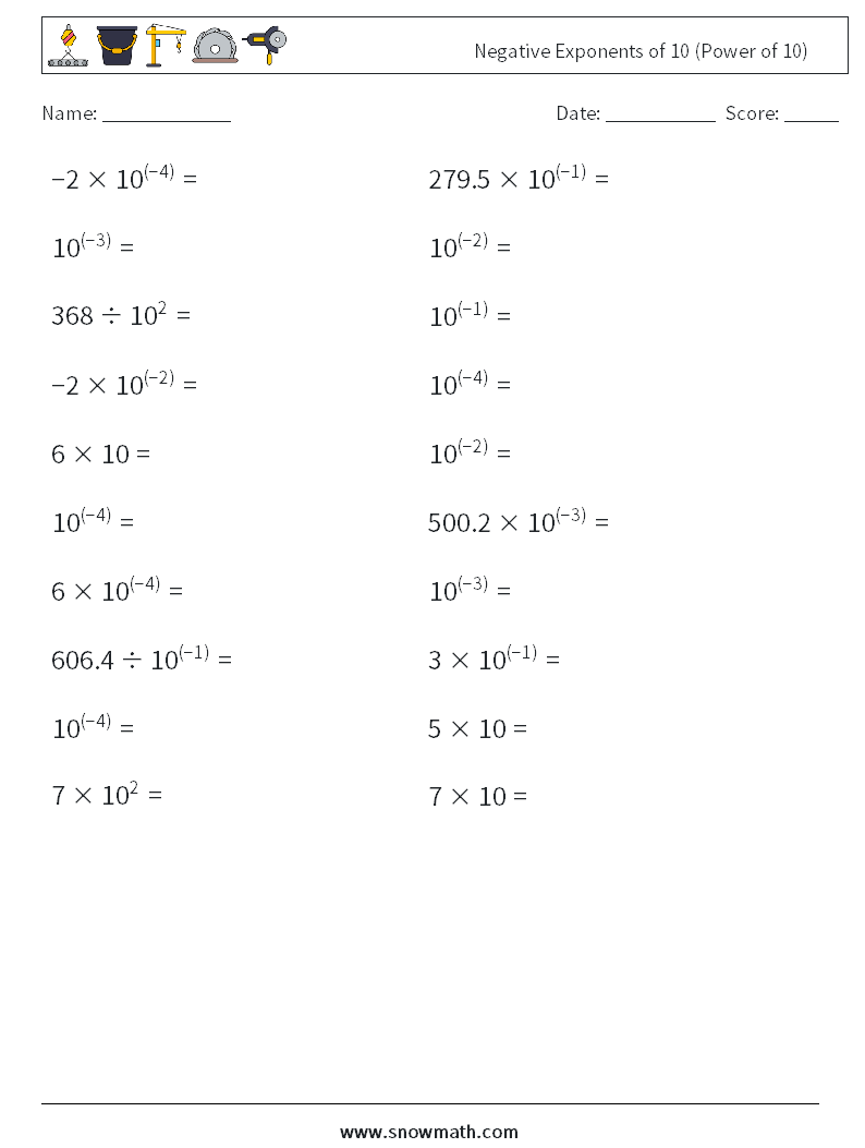 Negative Exponents of 10 (Power of 10) Math Worksheets 2